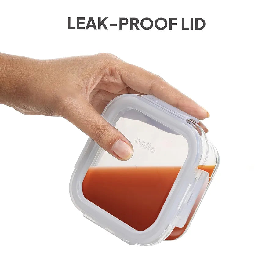 CELLO Glassy Square Lunch Box Set of 3, , Clear | Microwavable Toughened Glass | Leak Proof Design | Tiffin for Office/School/College